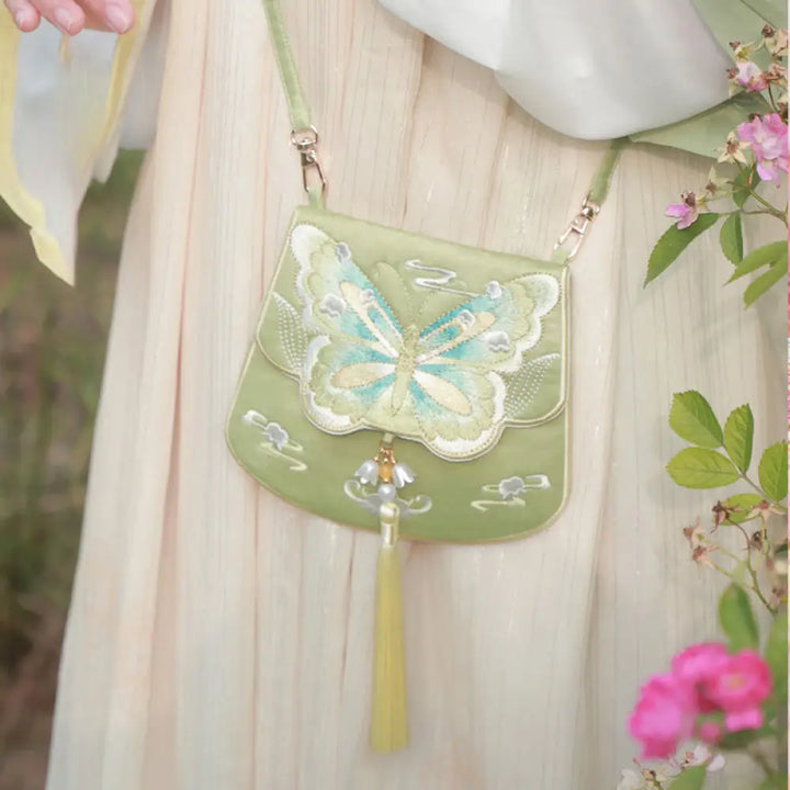 Buddha Stones Luck Embroidery Lotus Koi Fish Rabbit Flower Hanfu Bag Crossbody Bag Shoulder Bag - Green Butterfly - Bag