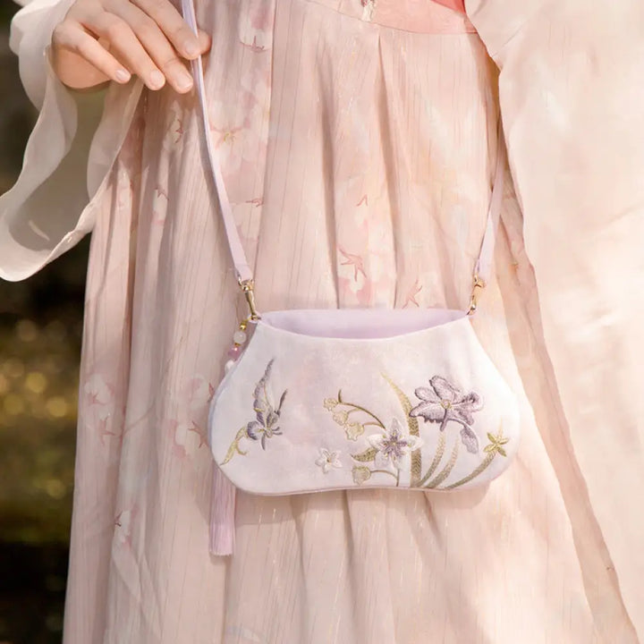 Buddha Stones Luck Embroidery Lotus Koi Fish Rabbit Flower Hanfu Bag Crossbody Bag Shoulder Bag - Koi Fish Iris - Bag