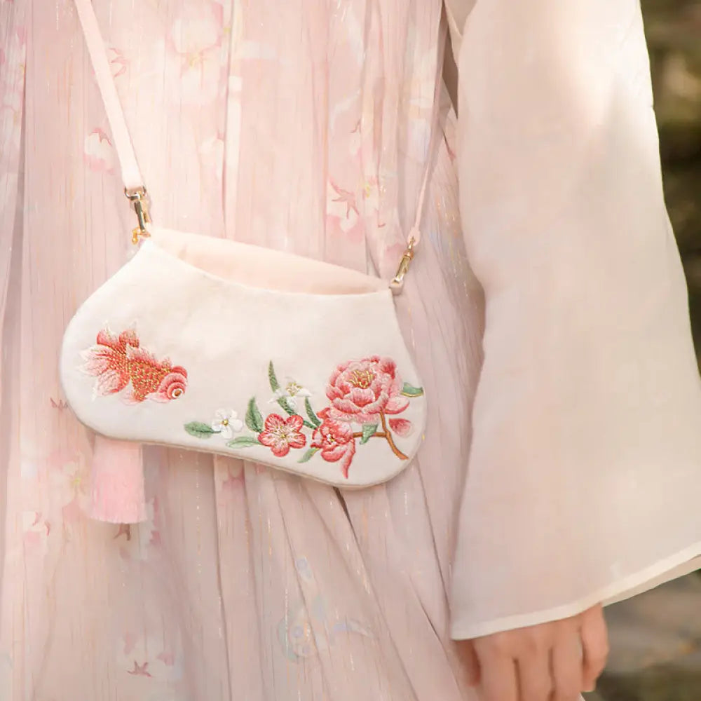 Buddha Stones Luck Embroidery Lotus Koi Fish Rabbit Flower Hanfu Bag Crossbody Bag Shoulder Bag - Koi Fish Peony - Bag
