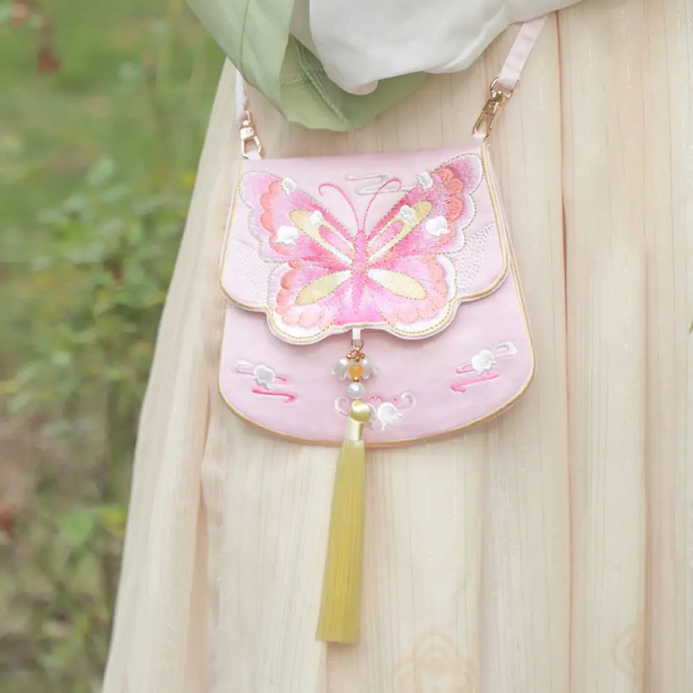 Buddha Stones Luck Embroidery Lotus Koi Fish Rabbit Flower Hanfu Bag Crossbody Bag Shoulder Bag - Pink Bell Butterfly