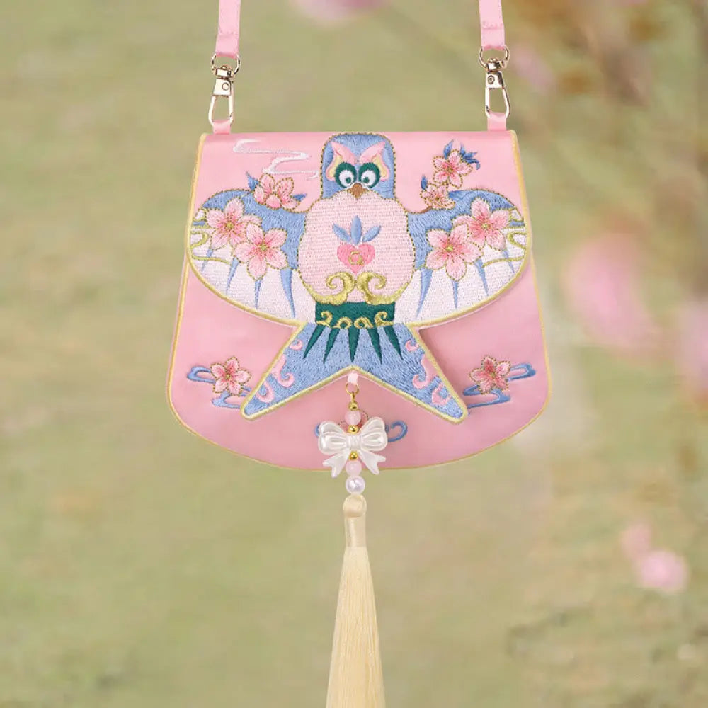 Buddha Stones Luck Embroidery Lotus Koi Fish Rabbit Flower Hanfu Bag Crossbody Bag Shoulder Bag - Pink Kite Flower - Bag