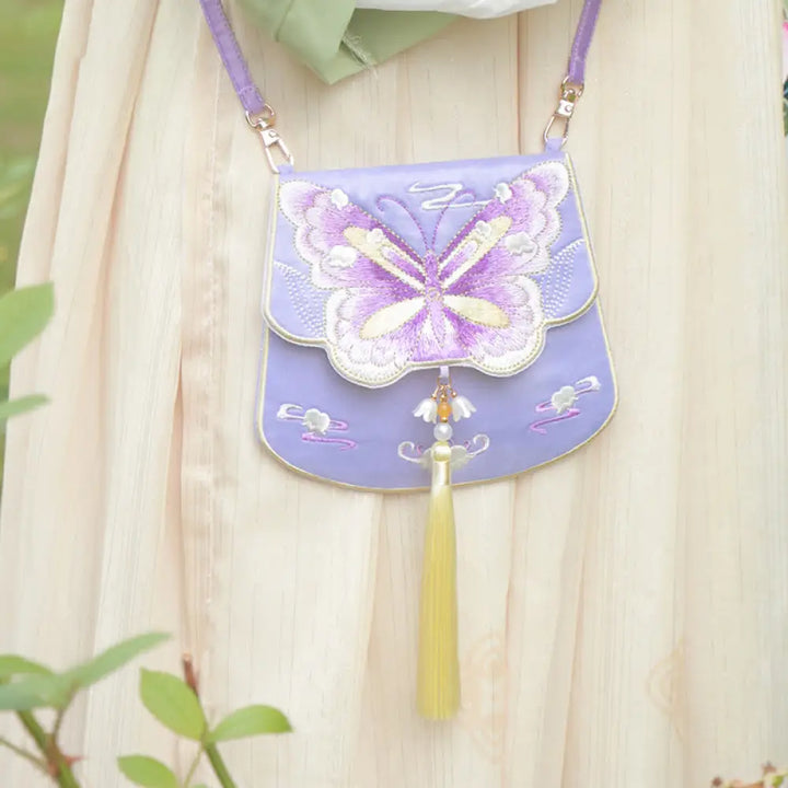 Buddha Stones Luck Embroidery Lotus Koi Fish Rabbit Flower Hanfu Bag Crossbody Bag Shoulder Bag - Purple Butterfly - Bag