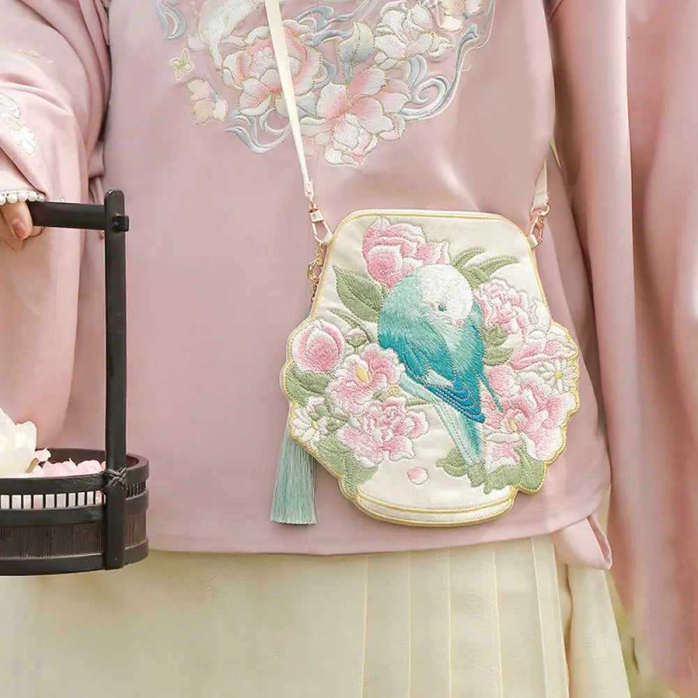 Buddha Stones Luck Embroidery Lotus Koi Fish Rabbit Flower Hanfu Bag Crossbody Bag Shoulder Bag - Spring Birds Flower