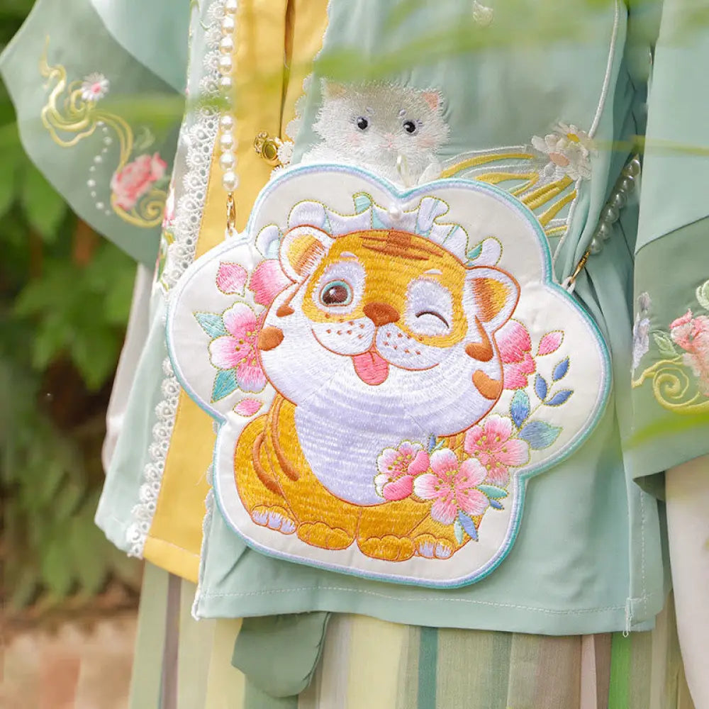Buddha Stones Luck Embroidery Lotus Koi Fish Rabbit Flower Hanfu Bag Crossbody Bag Shoulder Bag - Tiger Flower - Bag