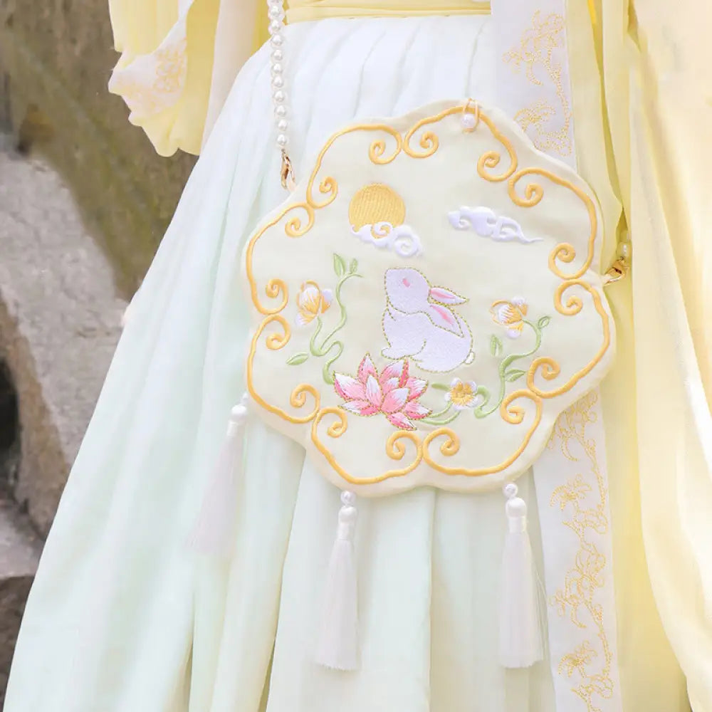 Buddha Stones Luck Embroidery Lotus Koi Fish Rabbit Flower Hanfu Bag Crossbody Bag Shoulder Bag - Yellow Flower Rabbit