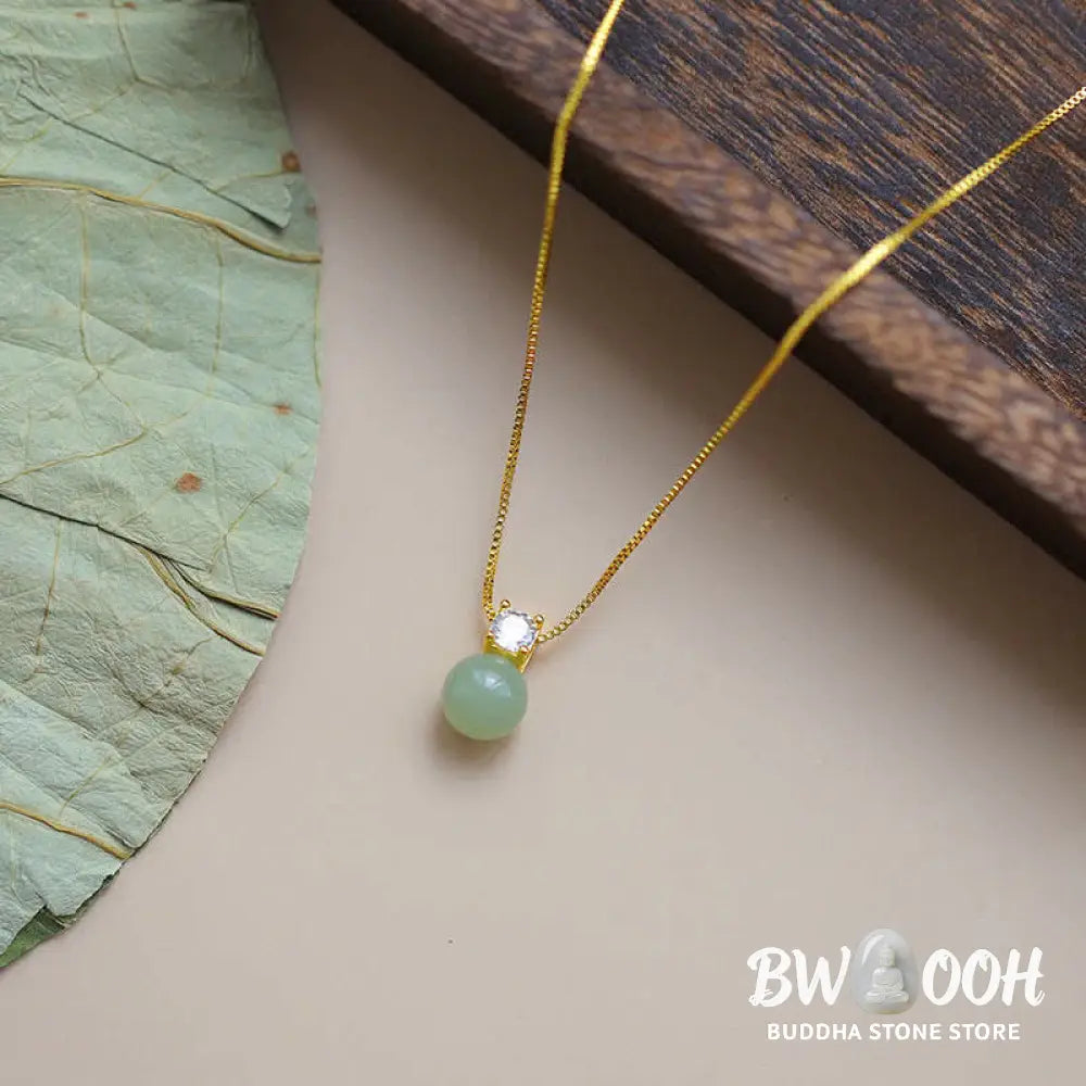 BWOOOH Lucky Bead Jade Prosperity Chain Necklace Pendant, featuring polished jade beads and a central jade pendant, with a 925 Sterling Silver clasp, symbolizing luck and prosperity. - View 2