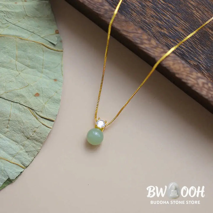 BWOOOH Lucky Bead Jade Prosperity Chain Necklace Pendant, featuring polished jade beads and a central jade pendant, with a 925 Sterling Silver clasp, symbolizing luck and prosperity. - View 2