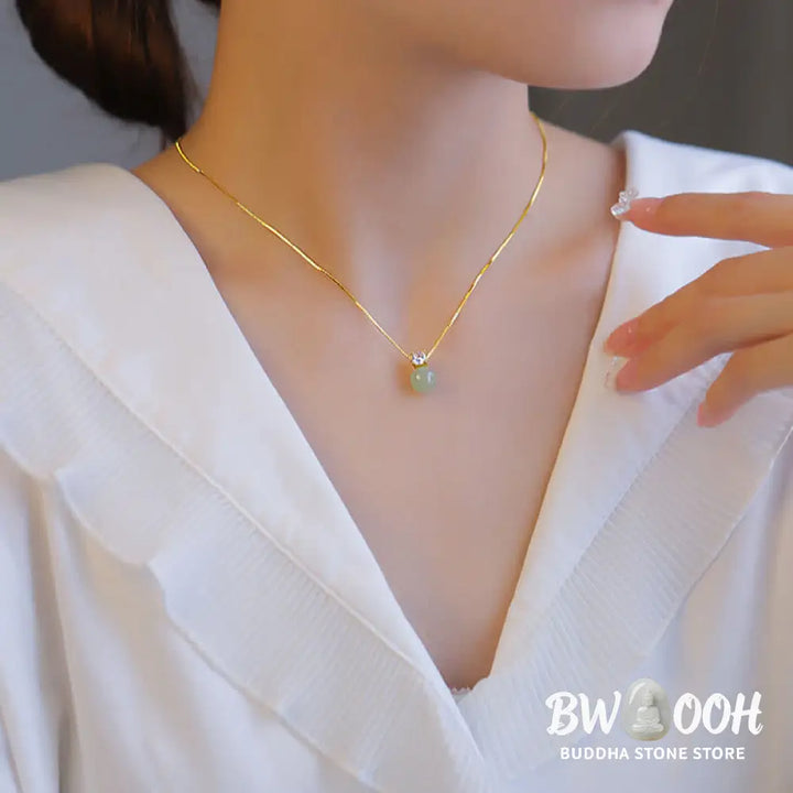 BWOOOH Lucky Bead Jade Prosperity Chain Necklace Pendant, featuring polished jade beads and a central jade pendant, with a 925 Sterling Silver clasp, symbolizing luck and prosperity. - View 6