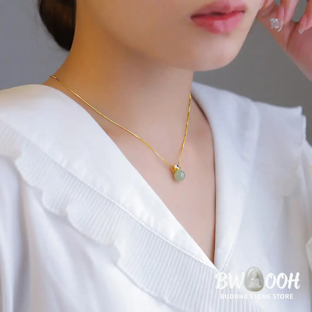 BWOOOH Lucky Bead Jade Prosperity Chain Necklace Pendant, featuring polished jade beads and a central jade pendant, with a 925 Sterling Silver clasp, symbolizing luck and prosperity. - View 4