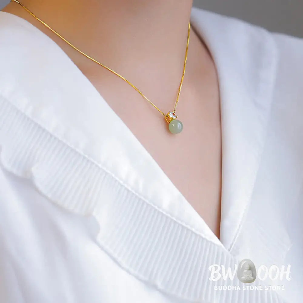 BWOOOH Lucky Bead Jade Prosperity Chain Necklace Pendant, featuring polished jade beads and a central jade pendant, with a 925 Sterling Silver clasp, symbolizing luck and prosperity. - View 5