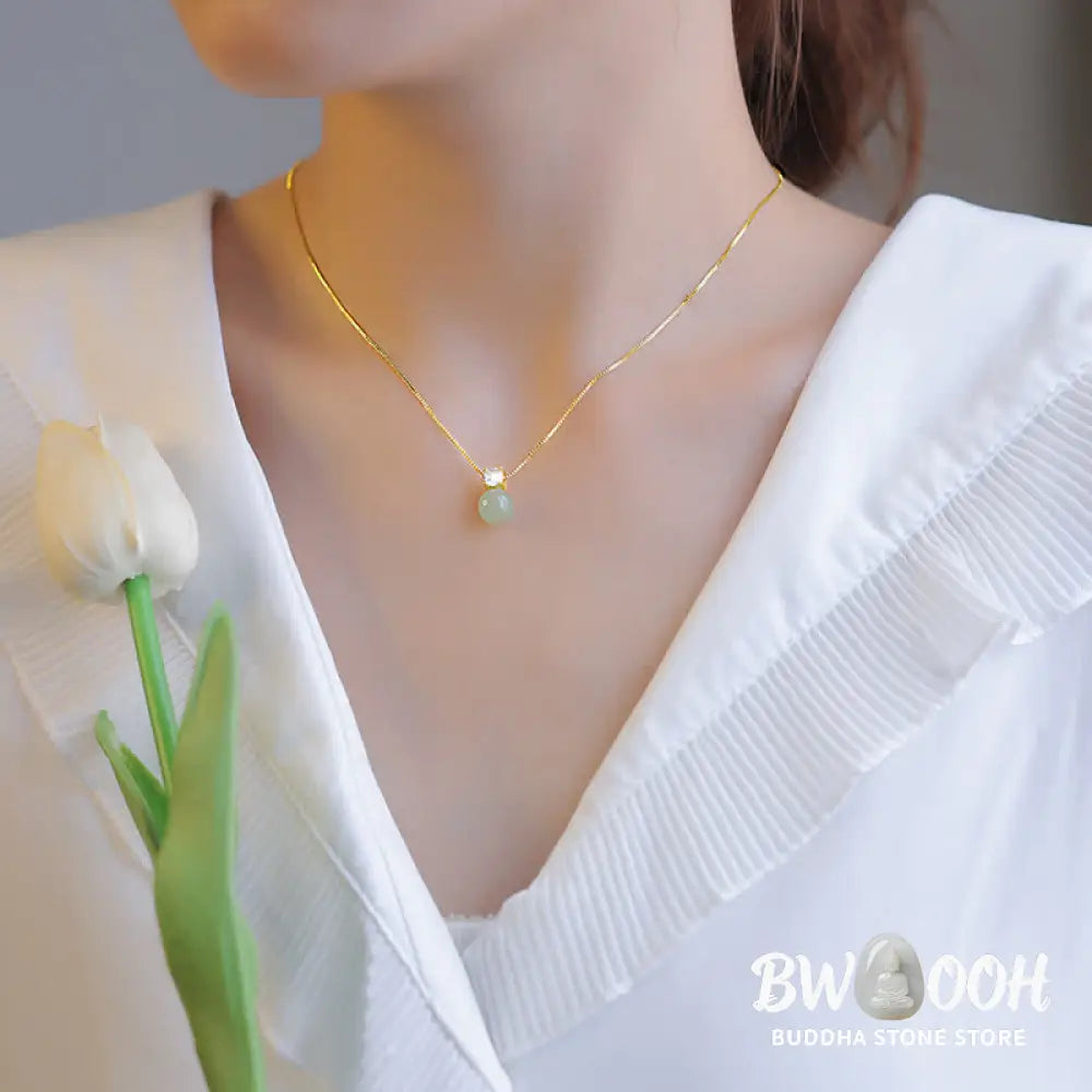 BWOOOH Lucky Bead Jade Prosperity Chain Necklace Pendant, featuring polished jade beads and a central jade pendant, with a 925 Sterling Silver clasp, symbolizing luck and prosperity. - View 3
