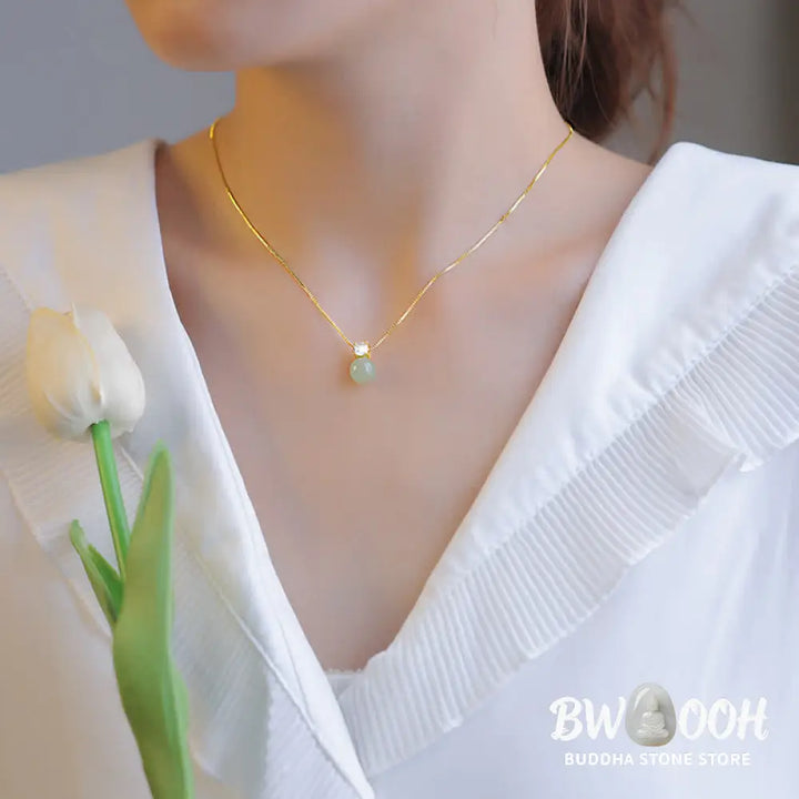 BWOOOH Lucky Bead Jade Prosperity Chain Necklace Pendant, featuring polished jade beads and a central jade pendant, with a 925 Sterling Silver clasp, symbolizing luck and prosperity. - View 3