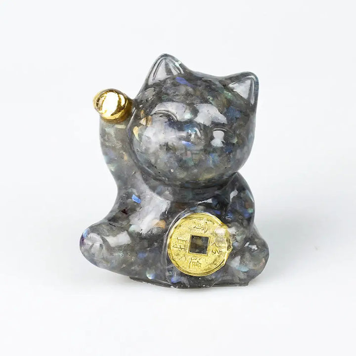 Buddha Stones Lucky Cat Copper Coin Turquoise Labradorite Pink Crystal Amethyst Strength Home Decoration - Labradorite