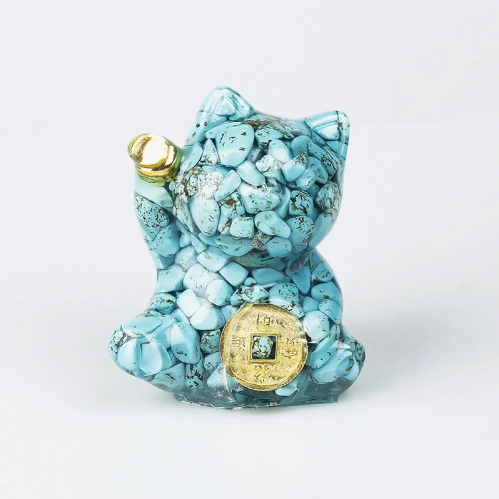 Buddha Stones Lucky Cat Copper Coin Turquoise Labradorite Pink Crystal Amethyst Strength Home Decoration - Turquoise