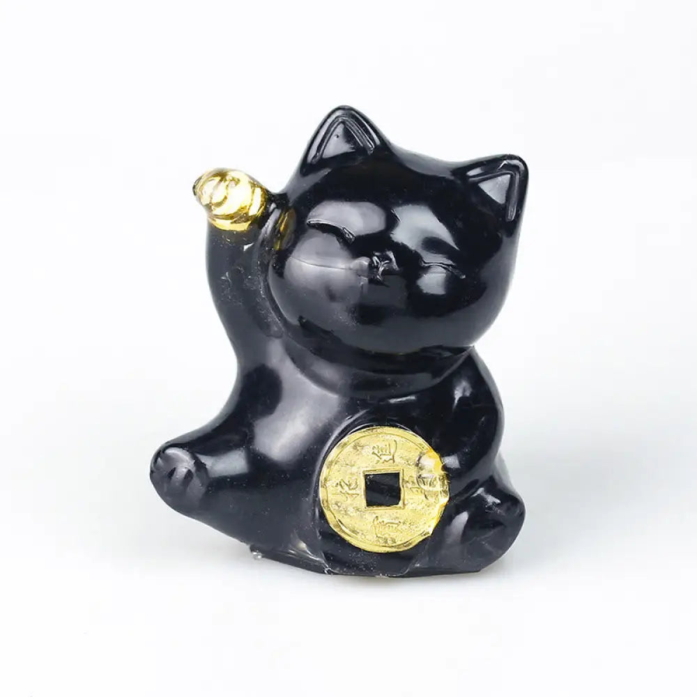 Buddha Stones Lucky Cat Copper Coin Turquoise Labradorite Pink Crystal Amethyst Strength Home Decoration - Black