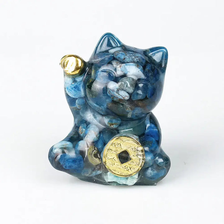 Buddha Stones Lucky Cat Copper Coin Turquoise Labradorite Pink Crystal Amethyst Strength Home Decoration - Blue Opal