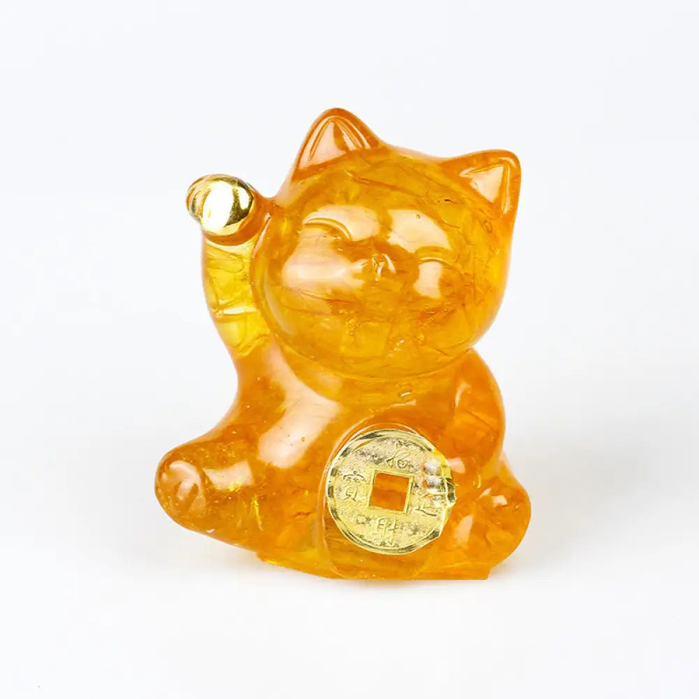 Buddha Stones Lucky Cat Copper Coin Turquoise Labradorite Pink Crystal Amethyst Strength Home Decoration - Citrine