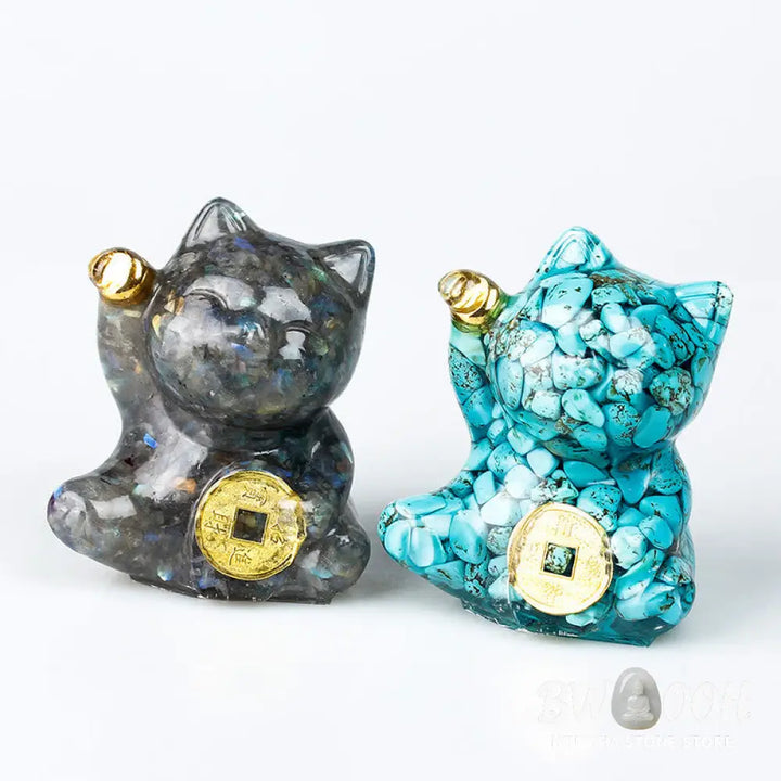 Buddha Stones Lucky Cat Copper Coin Turquoise Labradorite Pink Crystal Amethyst Strength Home Decoration - Decorations