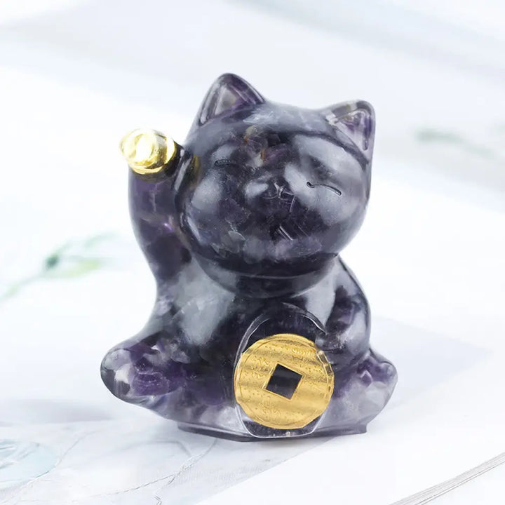 Buddha Stones Lucky Cat Copper Coin Turquoise Labradorite Pink Crystal Amethyst Strength Home Decoration - Deep Purple