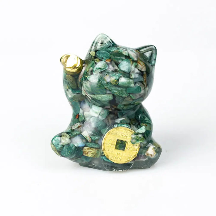 Buddha Stones Lucky Cat Copper Coin Turquoise Labradorite Pink Crystal Amethyst Strength Home Decoration - Green Agate