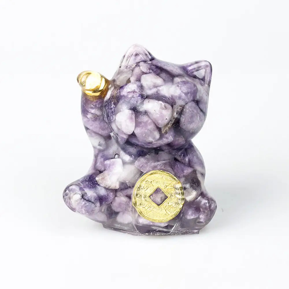 Buddha Stones Lucky Cat Copper Coin Turquoise Labradorite Pink Crystal Amethyst Strength Home Decoration - Lepidolite