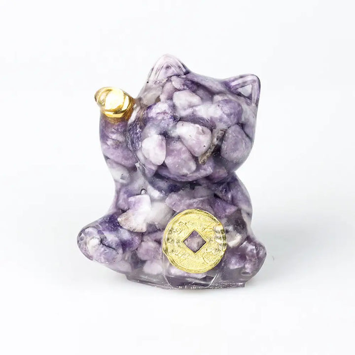Buddha Stones Lucky Cat Copper Coin Turquoise Labradorite Pink Crystal Amethyst Strength Home Decoration - Lepidolite