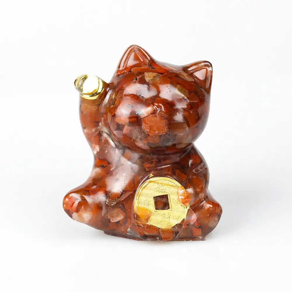 Buddha Stones Lucky Cat Copper Coin Turquoise Labradorite Pink Crystal Amethyst Strength Home Decoration - Red Agate