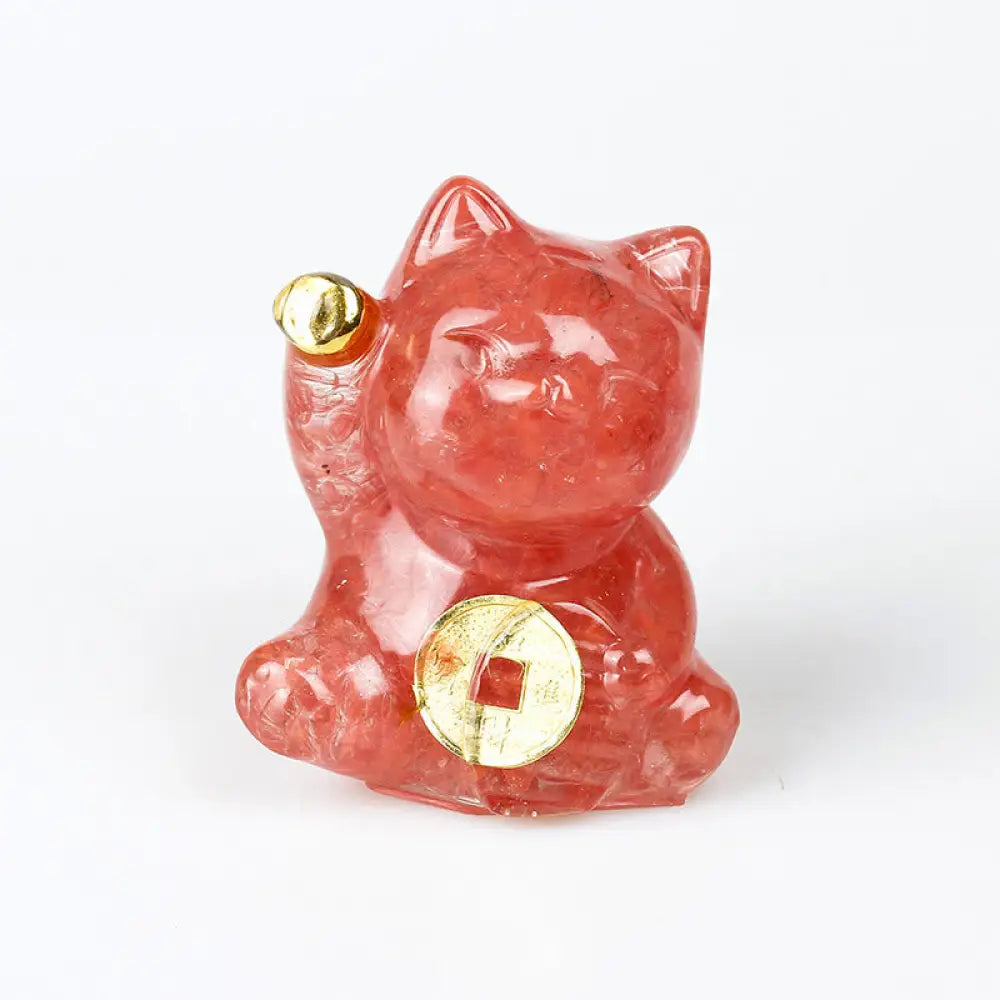 Buddha Stones Lucky Cat Copper Coin Turquoise Labradorite Pink Crystal Amethyst Strength Home Decoration - Red Quartz
