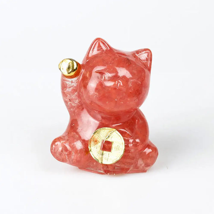 Buddha Stones Lucky Cat Copper Coin Turquoise Labradorite Pink Crystal Amethyst Strength Home Decoration - Red Quartz