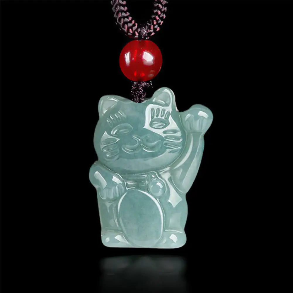 Buddha Stones Lucky Cat Jade Abundance Necklace Pendant - BWOOOH - Aqua Jade - Necklaces &amp; Pendants