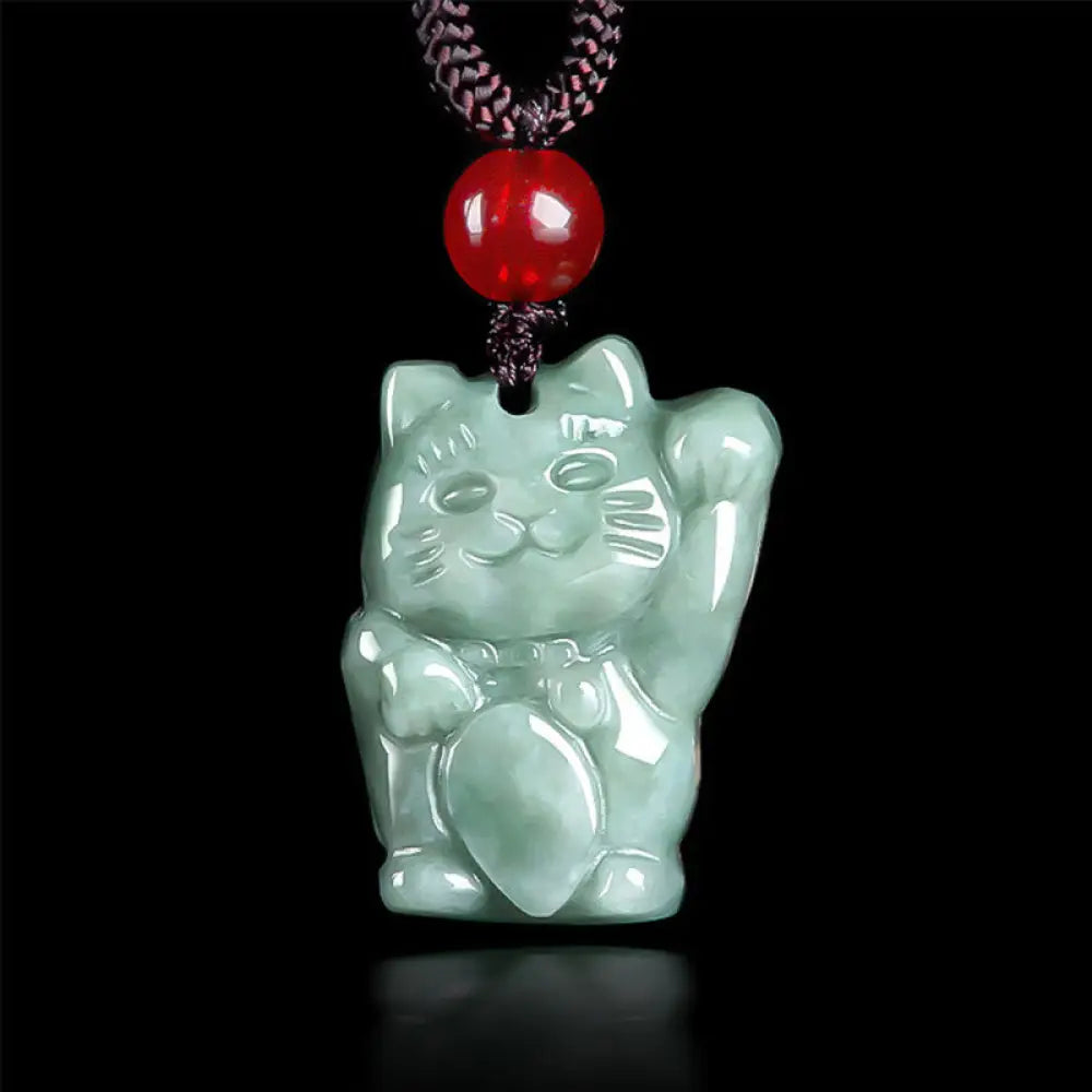 Buddha Stones Lucky Cat Jade Abundance Necklace Pendant - BWOOOH - Bean Green Jade - Necklaces & Pendants