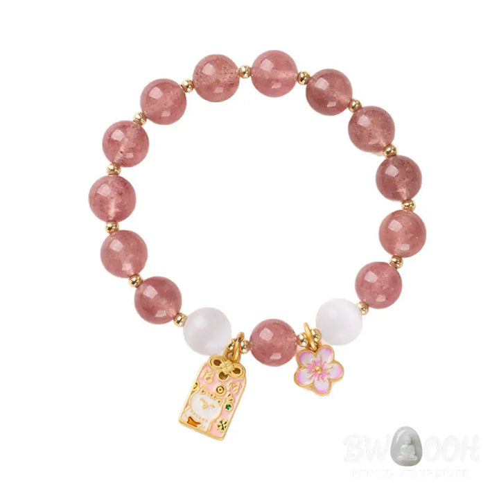 Buddha Stones Lucky Cat Peach Blossoms Charm Strawberry Quartz White Cat’s Eye Healing Bracelet - Strawberry