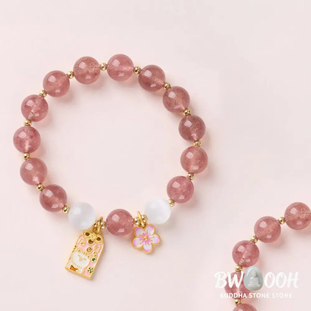 Buddha Stones Lucky Cat Peach Blossoms Charm Strawberry Quartz White Cat’s Eye Healing Bracelet - Strawberry