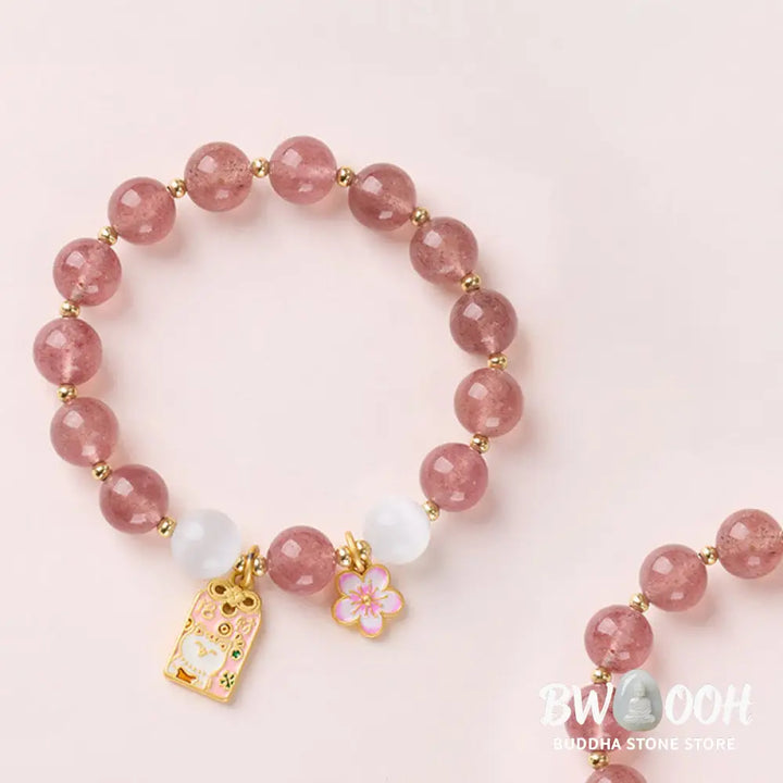Buddha Stones Lucky Cat Peach Blossoms Charm Strawberry Quartz White Cat’s Eye Healing Bracelet - Strawberry