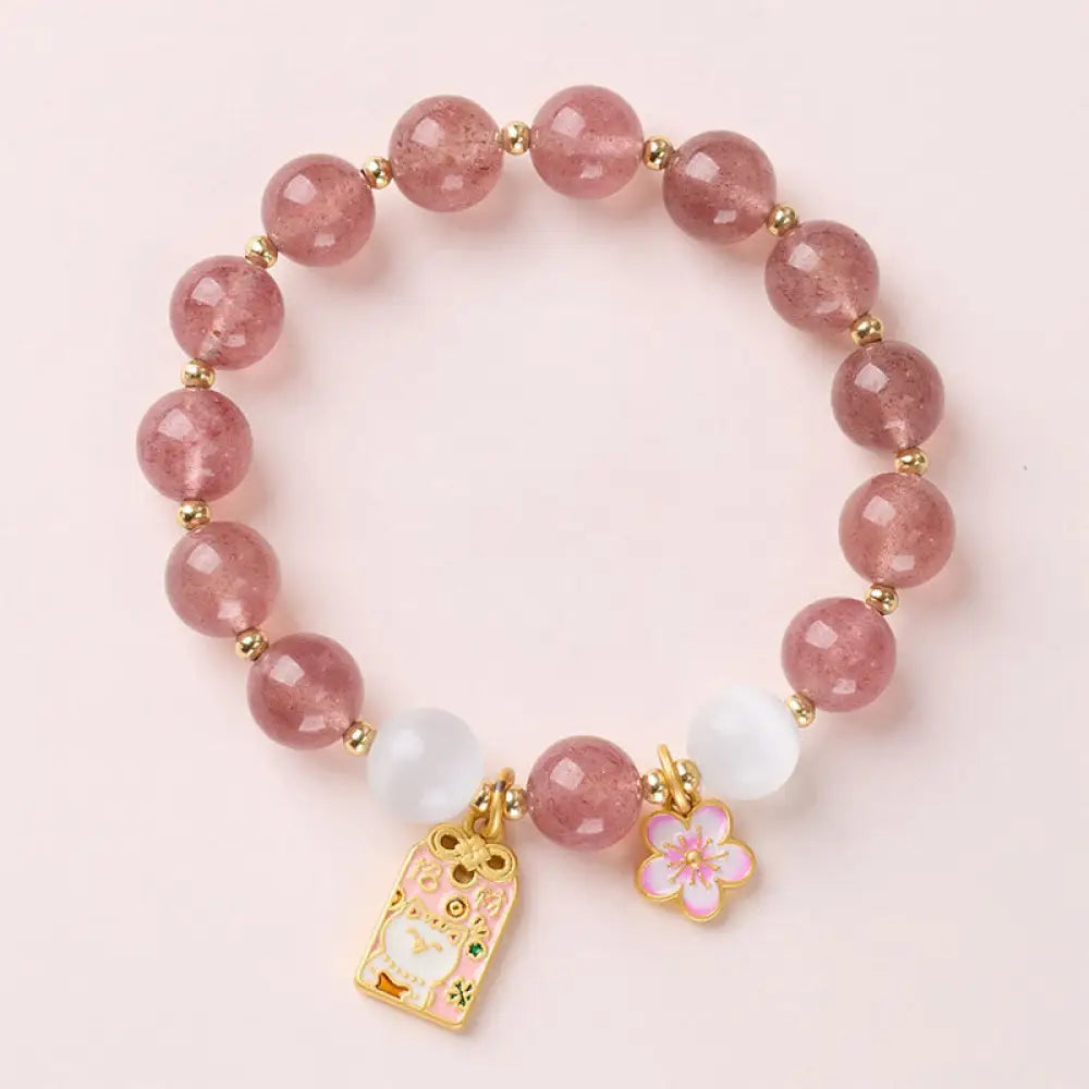 Buddha Stones Lucky Cat Peach Blossoms Charm Strawberry Quartz White Cat’s Eye Healing Bracelet - Strawberry