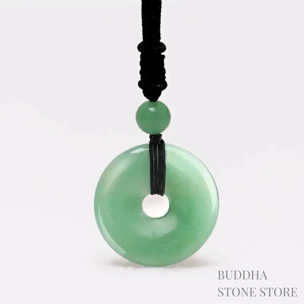 A BWOOOH Lucky Coin Pendant Necklace featuring a round, polished gemstone pendant, approximately 1.18 inches in diameter, suspended on a 26-inch chain, showcasing materials such as Green Aventurine, Pink Crystal, Black Onyx, and Jade, designed for spiritual wellness and good fortune. - View 2