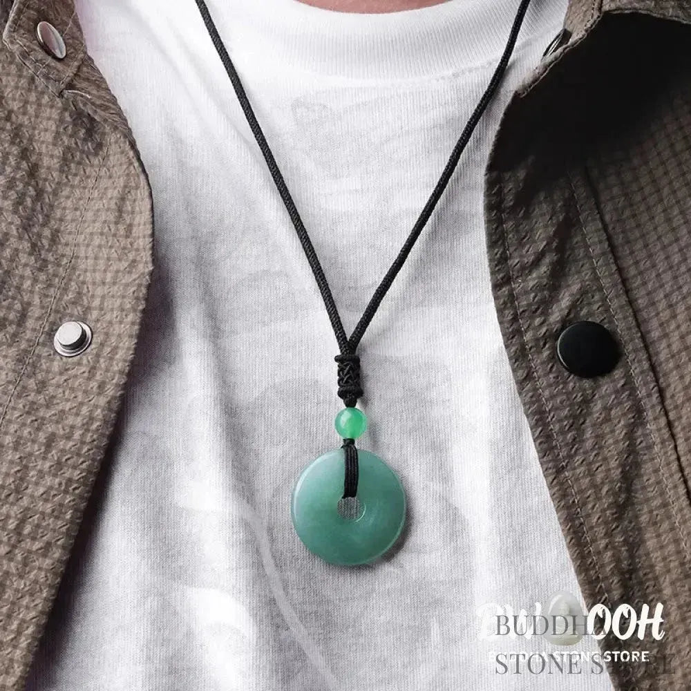 A BWOOOH Lucky Coin Pendant Necklace featuring a round, polished gemstone pendant, approximately 1.18 inches in diameter, suspended on a 26-inch chain, showcasing materials such as Green Aventurine, Pink Crystal, Black Onyx, and Jade, designed for spiritual wellness and good fortune. - View 4
