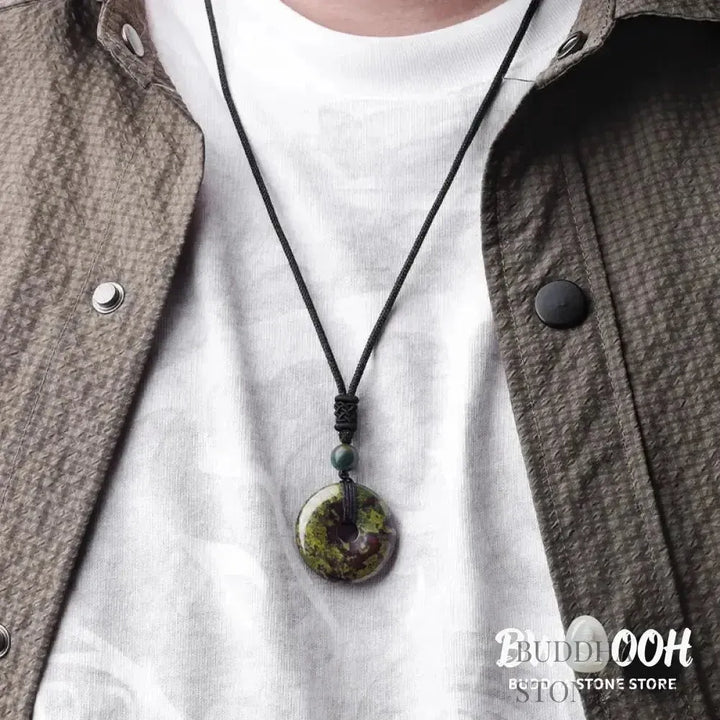 A BWOOOH Lucky Coin Pendant Necklace featuring a round, polished gemstone pendant, approximately 1.18 inches in diameter, suspended on a 26-inch chain, showcasing materials such as Green Aventurine, Pink Crystal, Black Onyx, and Jade, designed for spiritual wellness and good fortune. - View 27