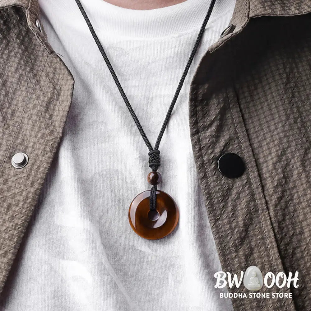 A BWOOOH Lucky Coin Pendant Necklace featuring a round, polished gemstone pendant, approximately 1.18 inches in diameter, suspended on a 26-inch chain, showcasing materials such as Green Aventurine, Pink Crystal, Black Onyx, and Jade, designed for spiritual wellness and good fortune. - View 22