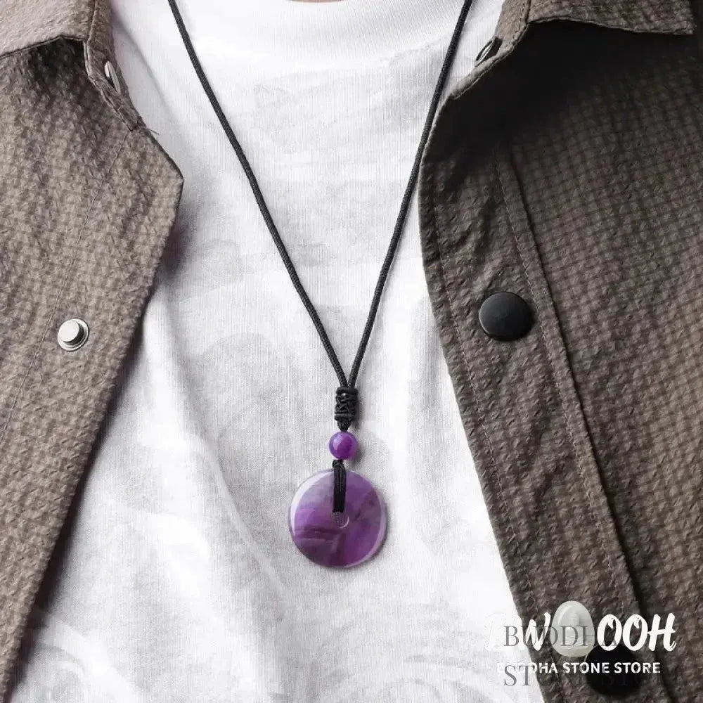 A BWOOOH Lucky Coin Pendant Necklace featuring a round, polished gemstone pendant, approximately 1.18 inches in diameter, suspended on a 26-inch chain, showcasing materials such as Green Aventurine, Pink Crystal, Black Onyx, and Jade, designed for spiritual wellness and good fortune. - View 8