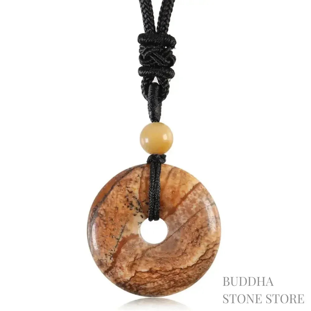A BWOOOH Lucky Coin Pendant Necklace featuring a round, polished gemstone pendant, approximately 1.18 inches in diameter, suspended on a 26-inch chain, showcasing materials such as Green Aventurine, Pink Crystal, Black Onyx, and Jade, designed for spiritual wellness and good fortune. - View 36