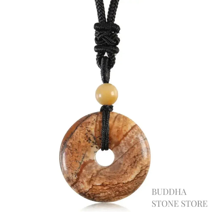 A BWOOOH Lucky Coin Pendant Necklace featuring a round, polished gemstone pendant, approximately 1.18 inches in diameter, suspended on a 26-inch chain, showcasing materials such as Green Aventurine, Pink Crystal, Black Onyx, and Jade, designed for spiritual wellness and good fortune. - View 36