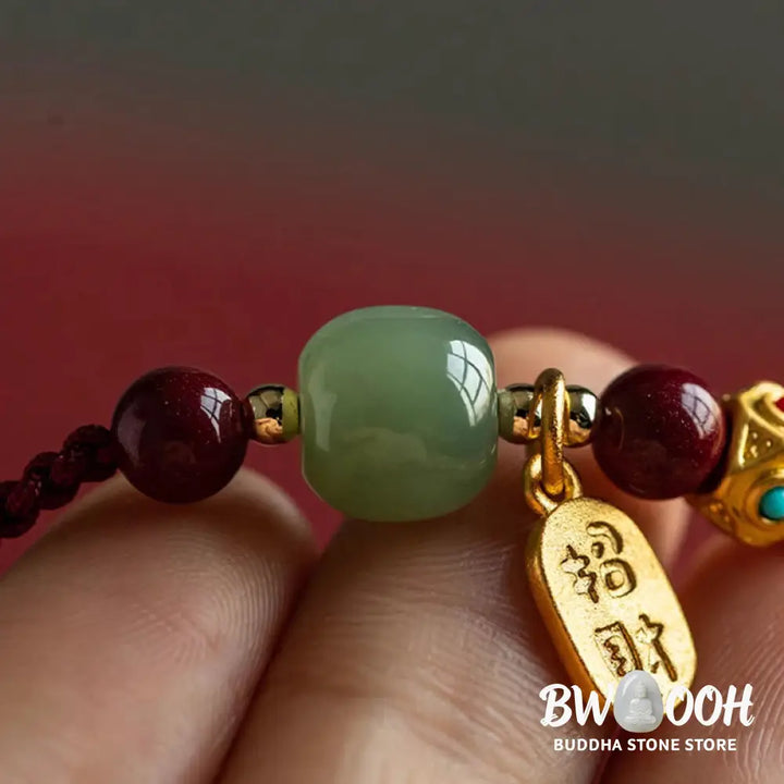 Buddha Stones Lucky Fortune Charm Hetian Cyan Jade White Jade Multicolored Braided String Prosperity Bracelet - Bracelet