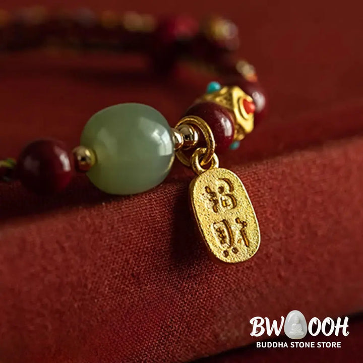 Buddha Stones Lucky Fortune Charm Hetian Cyan Jade White Jade Multicolored Braided String Prosperity Bracelet - Bracelet