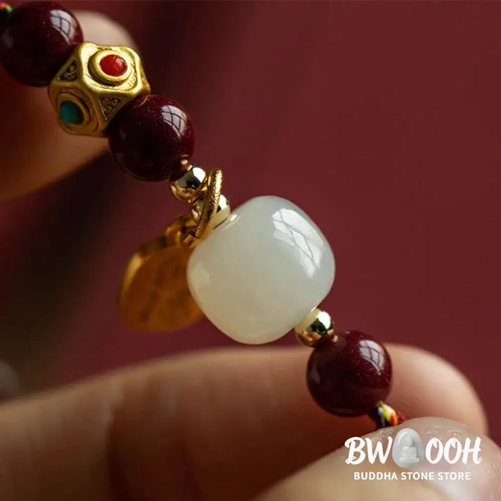 Buddha Stones Lucky Fortune Charm Hetian Cyan Jade White Jade Multicolored Braided String Prosperity Bracelet - Bracelet