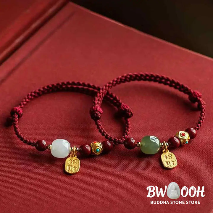 Buddha Stones Lucky Fortune Charm Hetian Cyan Jade White Jade Multicolored Braided String Prosperity Bracelet - Bracelet