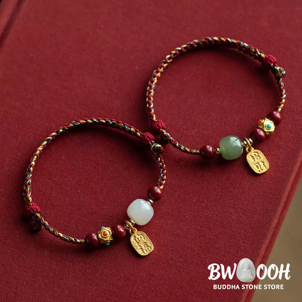 Buddha Stones Lucky Fortune Charm Hetian Cyan Jade White Jade Multicolored Braided String Prosperity Bracelet - Bracelet