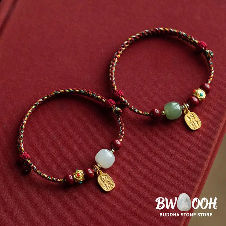 Buddha Stones Lucky Fortune Charm Hetian Cyan Jade White Jade Multicolored Braided String Prosperity Bracelet - Bracelet