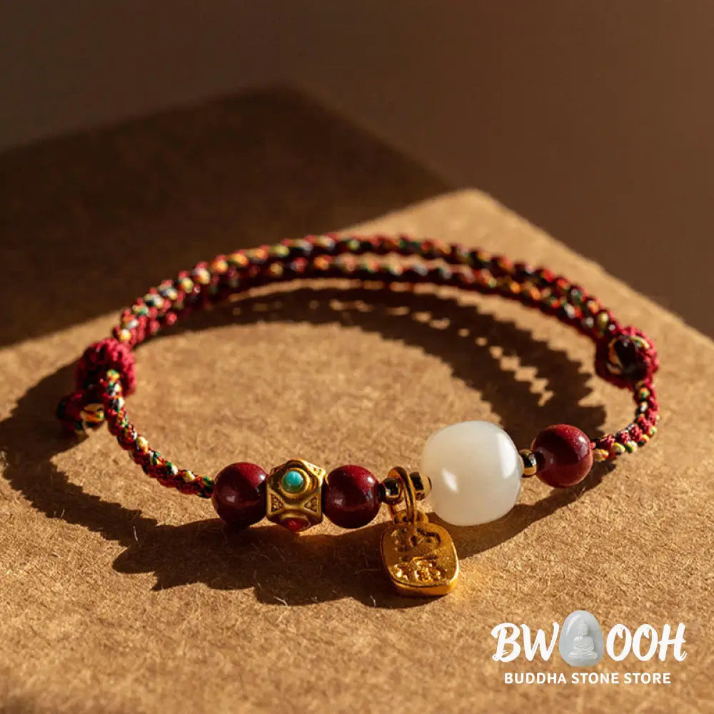 Buddha Stones Lucky Fortune Charm Hetian Cyan Jade White Jade Multicolored Braided String Prosperity Bracelet - Bracelet