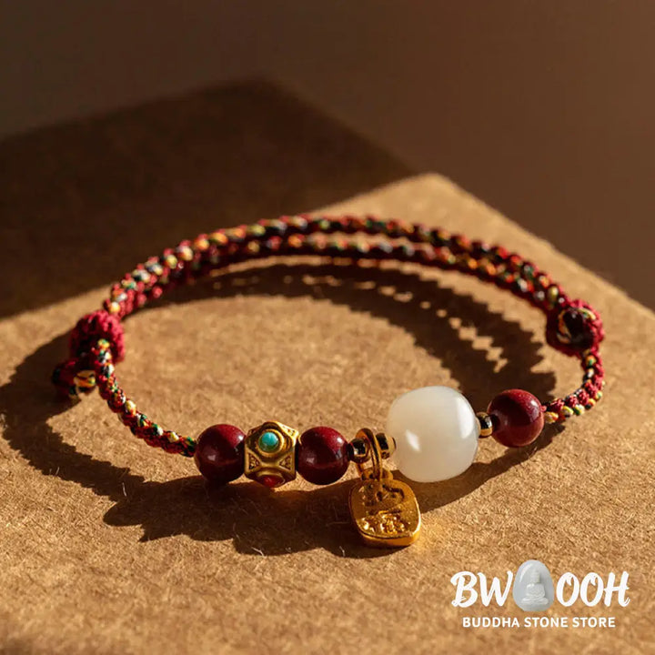 Buddha Stones Lucky Fortune Charm Hetian Cyan Jade White Jade Multicolored Braided String Prosperity Bracelet - Bracelet